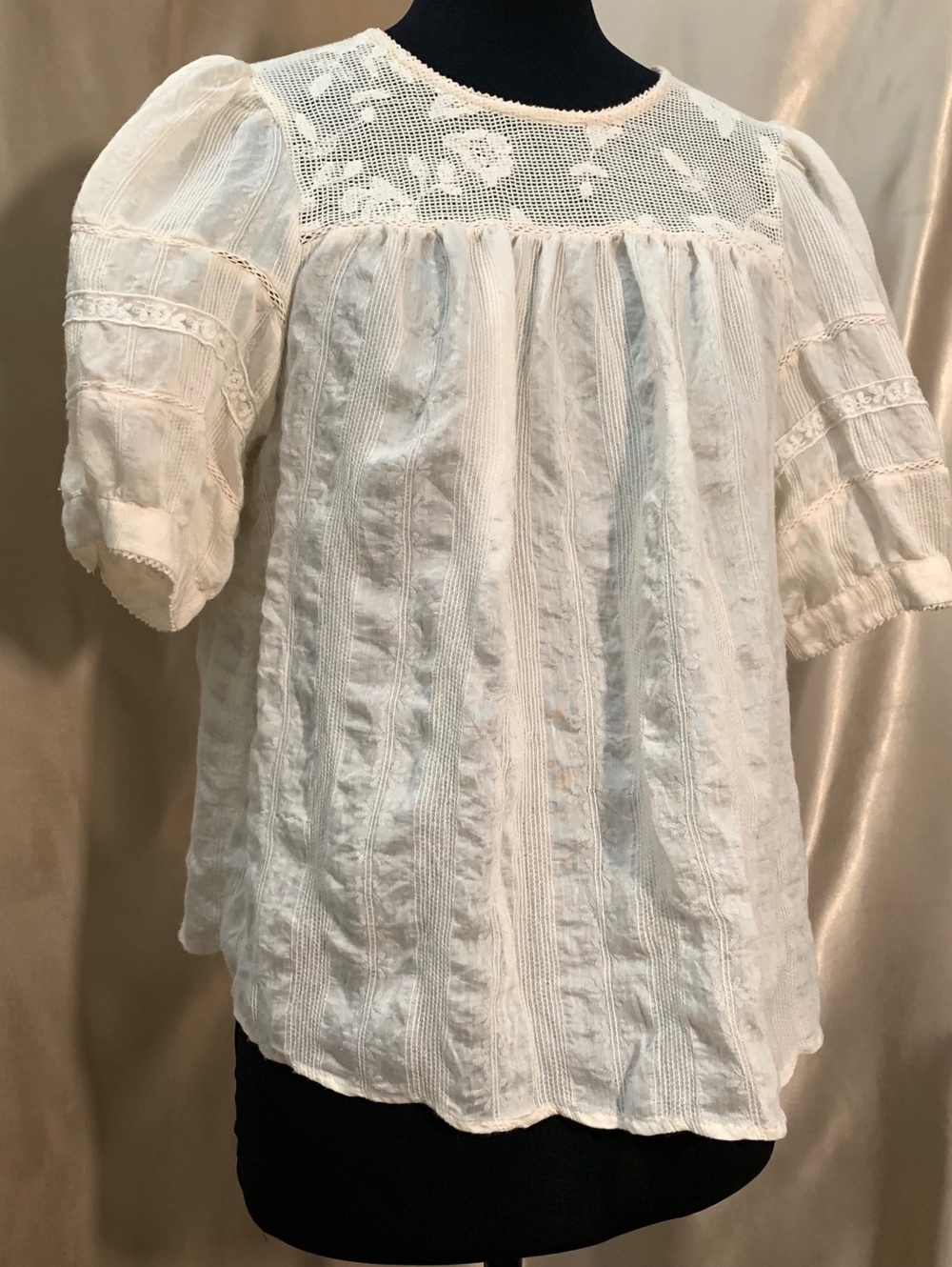 Cottagecore Peasant Blouse White Lace Yoke Puff Sleeve Top Cream Boho